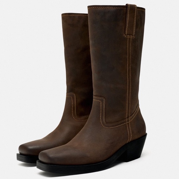 NWT Zara Leather biker boots distressed brown boho western grunge festival oiled - Picture 7 of 16